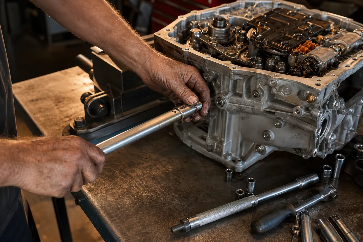 Torquing bolts on a transmission case during reassembly at the bench