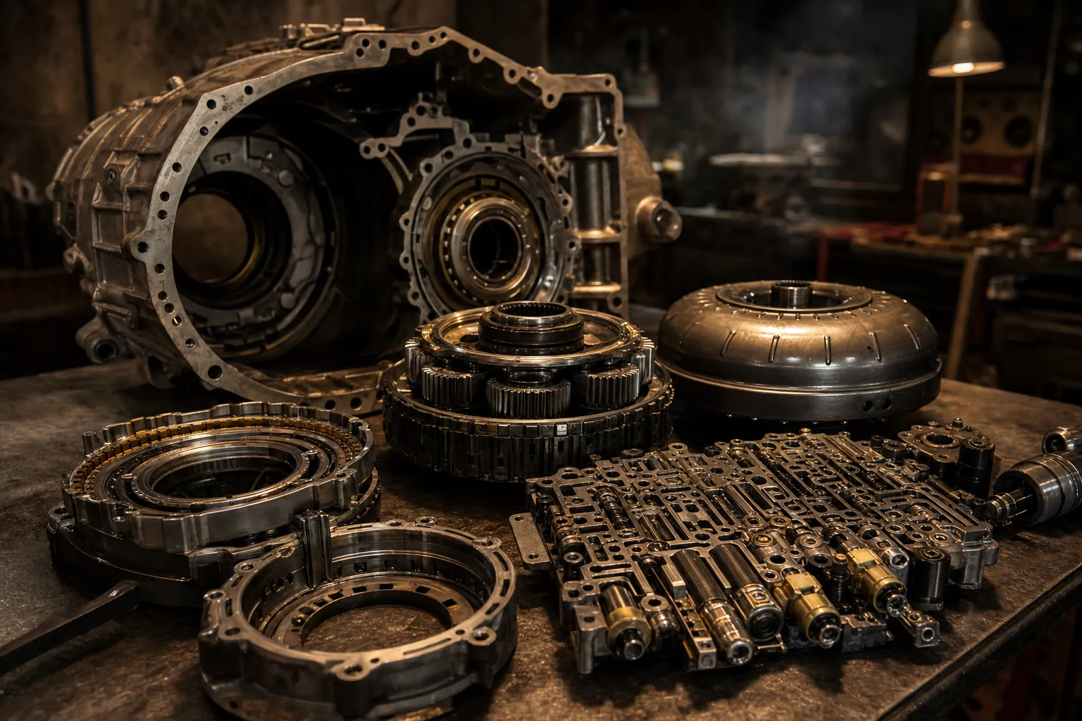 An automatic transmission opened on the bench — torque converter, planetary gearset and valve body laid out