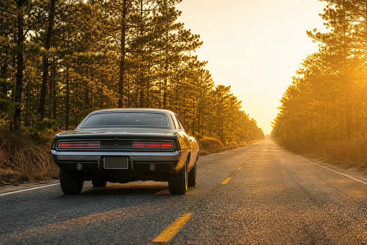 An open two-lane road through the pine barrens at golden hour