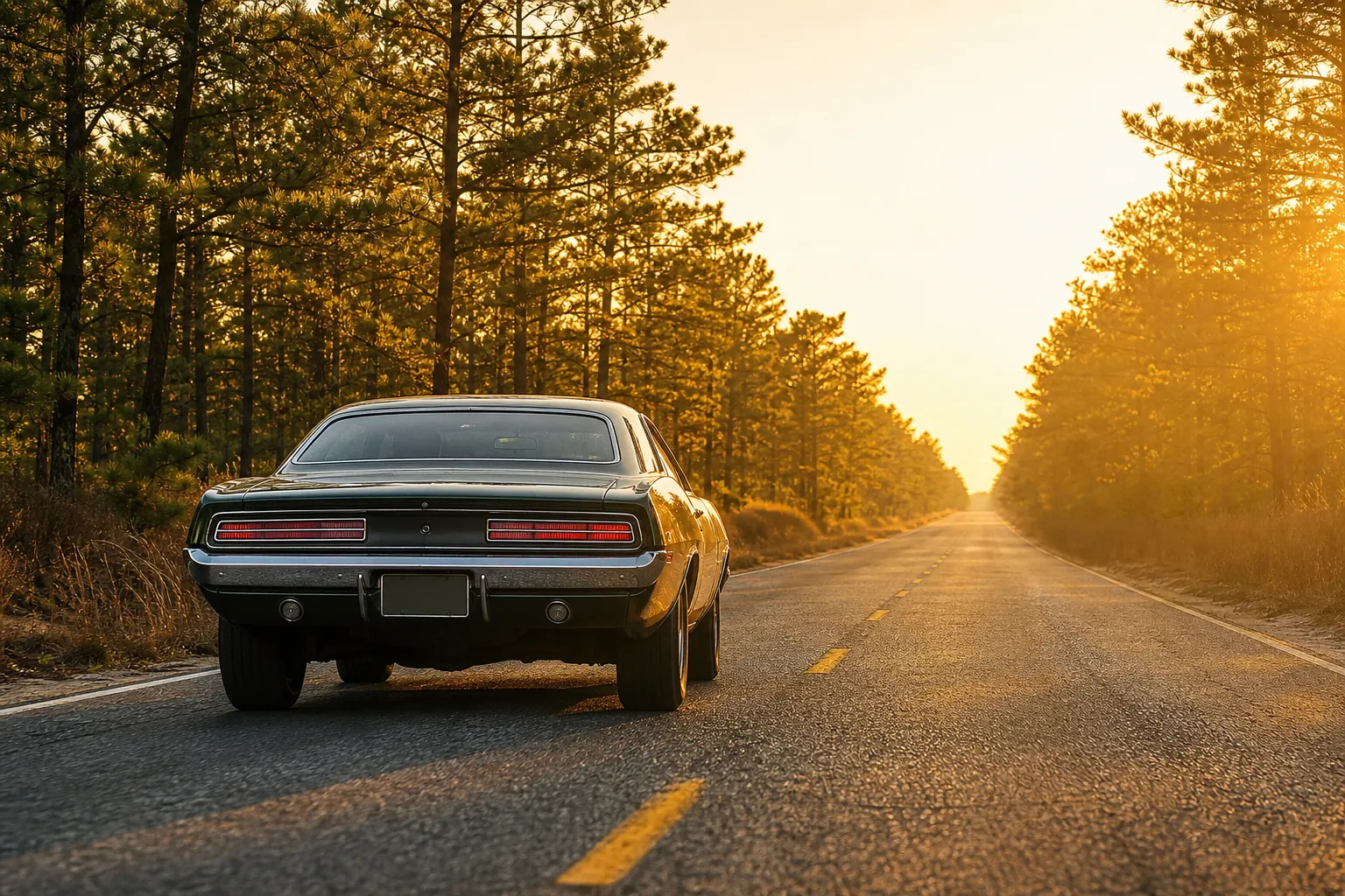 A classic muscle car driving down an open two-lane road through Long Island pine barrens at golden hour