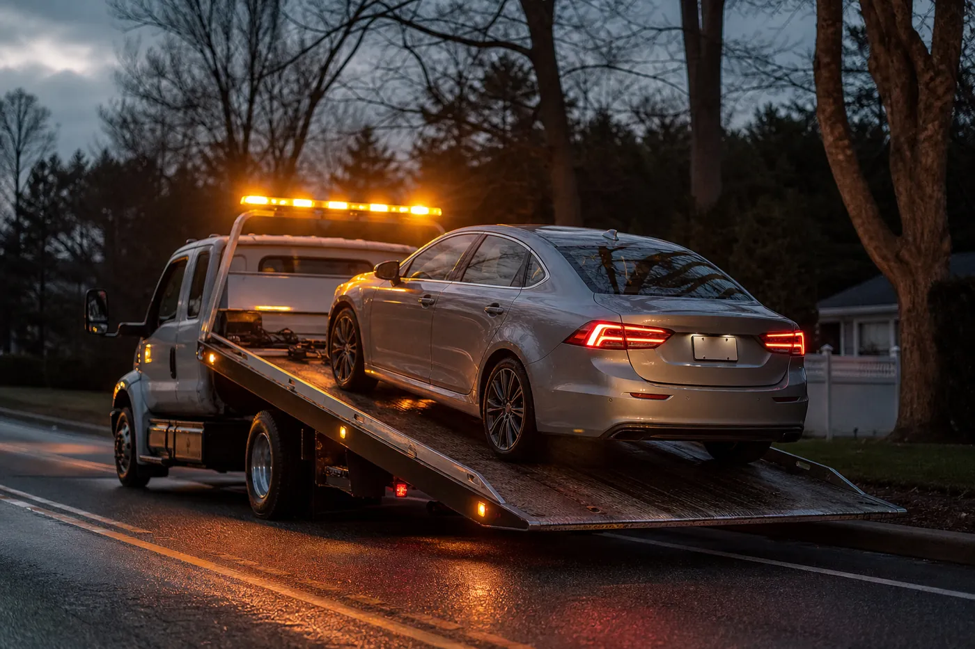 A flatbed tow truck loading a sedan at dusk